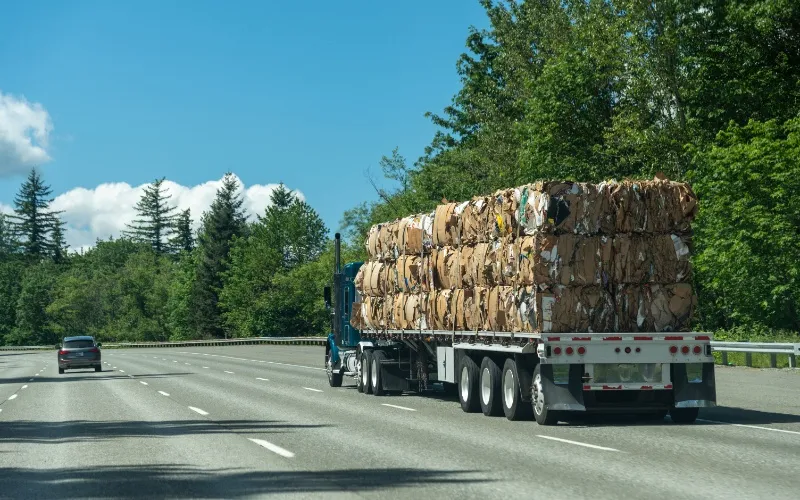 Flatbed truck carrying large secured cargo on highway Flatbed truck carrying large secured cargo on highway