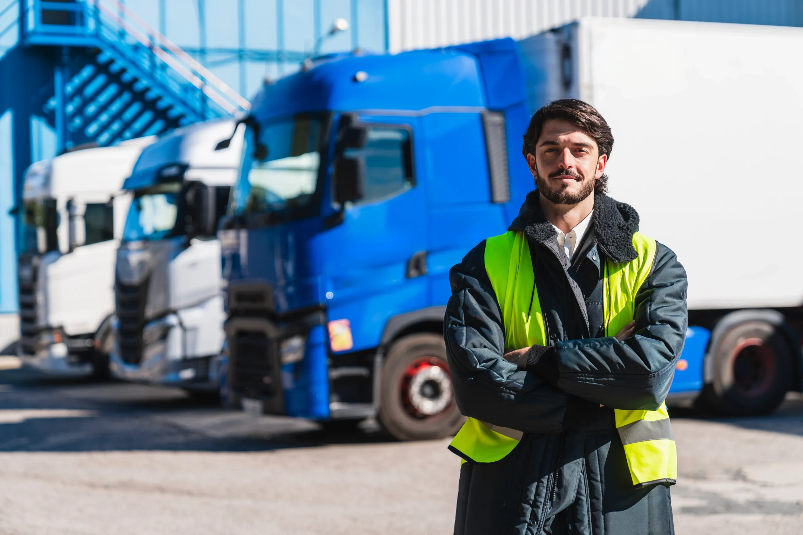 Logistics worker standing in front of parked semi trucks at distribution yard Logistics worker standing in front of parked semi trucks at distribution yard